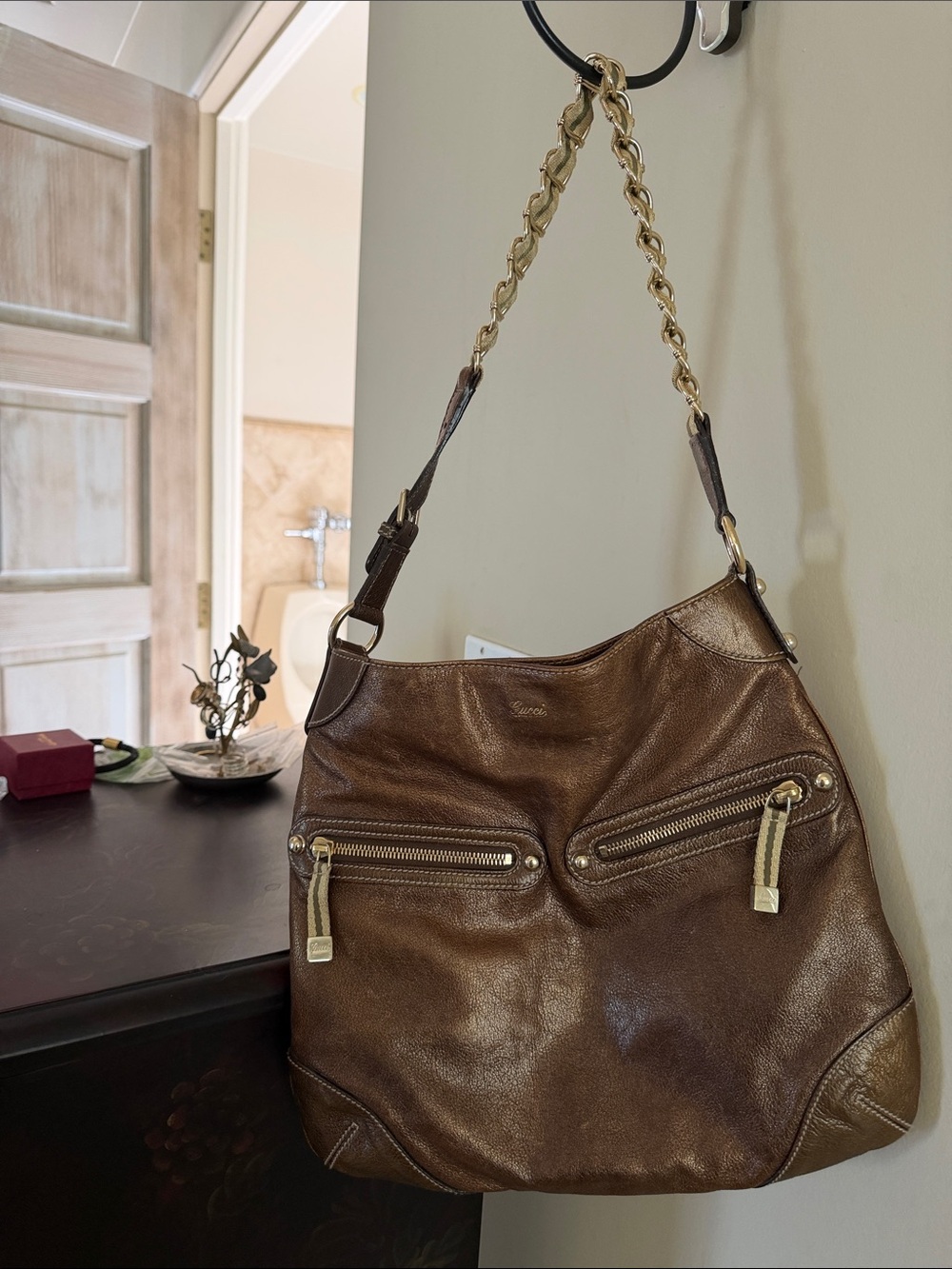 GucciBronze/ Brown sateen (a little shiny) leather Shoulder Bag with Gold Chain